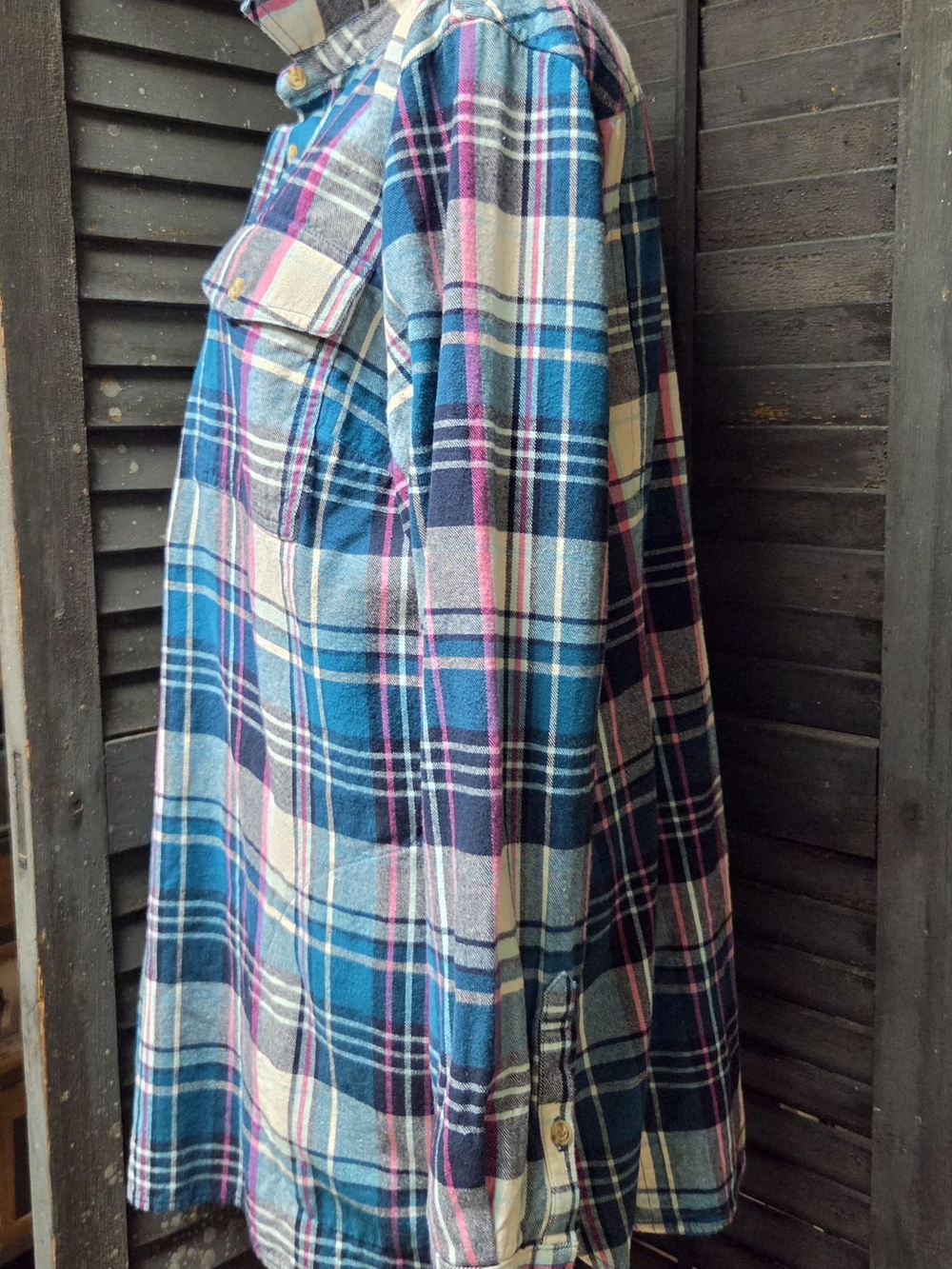 Duluth Trading Co Teal, Navy & Pink Plaid Button-Front Shirt - Picture 2 of 4